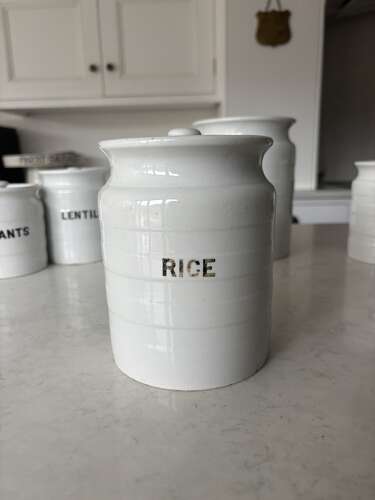 Early 20thC White Ironstone Banded Kitchen Storage Jar with Lid - Rice