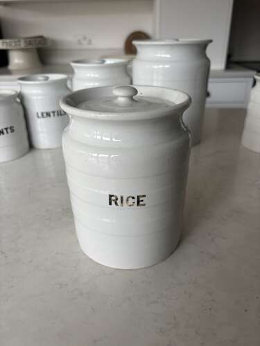 Early 20thC White Ironstone Banded Kitchen Storage Jar with Lid - Rice