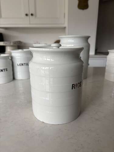 Early 20thC White Ironstone Banded Kitchen Storage Jar with Lid - Rice