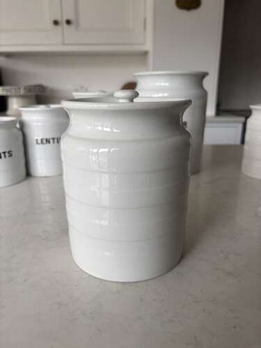 Early 20thC White Ironstone Banded Kitchen Storage Jar with Lid - Rice