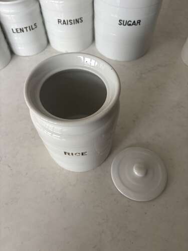 Early 20thC White Ironstone Banded Kitchen Storage Jar with Lid - Rice