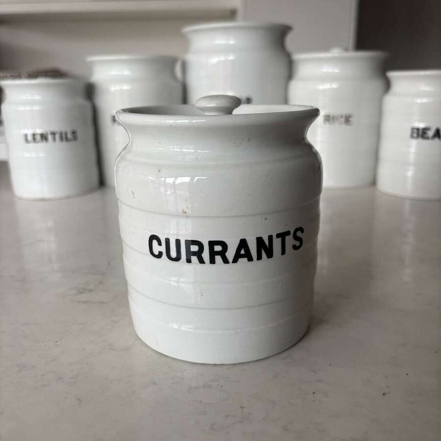 Early 20thC White Ironstone Banded Kitchen Storage Jar with Lid - Currants
