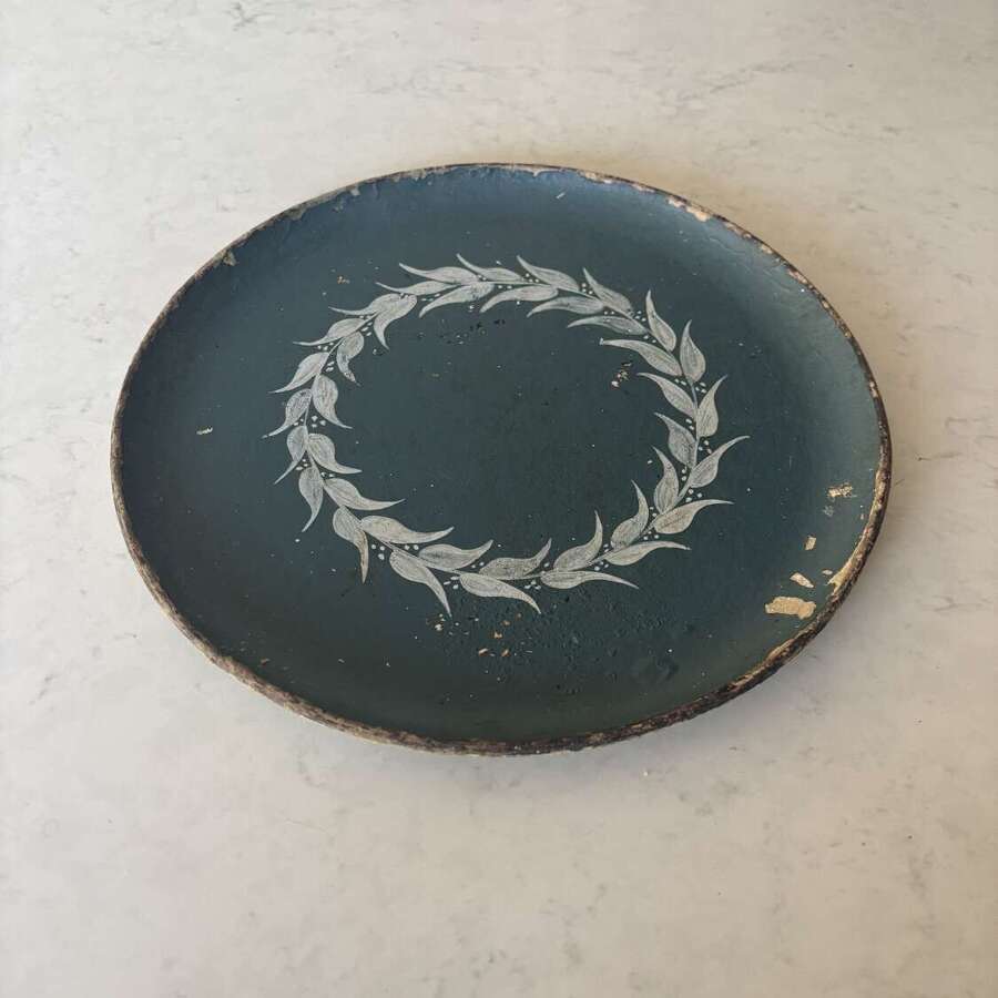 Early 20thC Papier Mache Plate-Tray. Lovely Original Paint with Central Floral Wreath