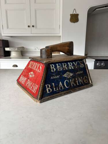Edwardian Pine Shoe Shine Advertising Box - Berrys Boot Polish - Great Enamel Signs