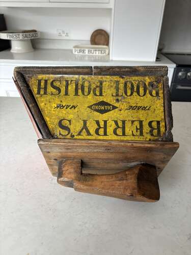 Edwardian Pine Shoe Shine Advertising Box - Berrys Boot Polish - Great Enamel Signs