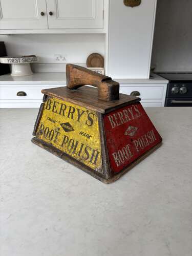 Edwardian Pine Shoe Shine Advertising Box - Berrys Boot Polish - Great Enamel Signs