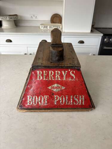 Edwardian Pine Shoe Shine Advertising Box - Berrys Boot Polish - Great Enamel Signs