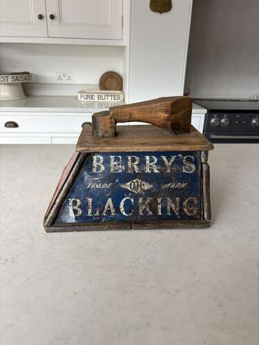 Edwardian Pine Shoe Shine Advertising Box - Berrys Boot Polish - Great Enamel Signs