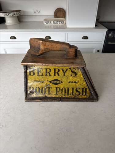 Edwardian Pine Shoe Shine Advertising Box - Berrys Boot Polish - Great Enamel Signs