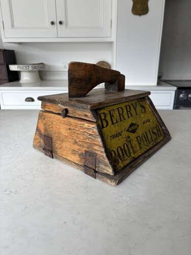 Edwardian Pine Shoe Shine Advertising Box - Berrys Boot Polish - Great Enamel Signs