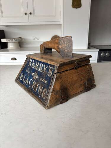 Edwardian Pine Shoe Shine Advertising Box - Berrys Boot Polish - Great Enamel Signs