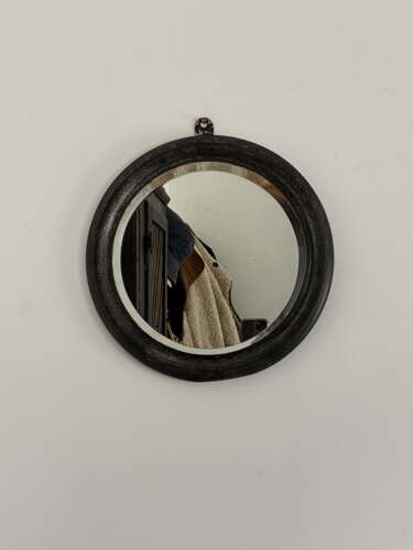 1920/30s Round Metal Framed Mirror. Bevell Edge Glass. Hook to Hang.