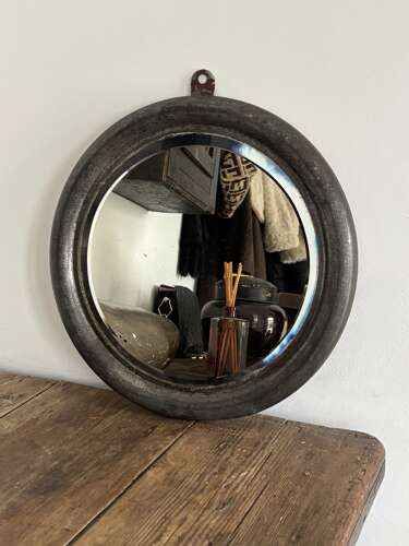 1920/30s Round Metal Framed Mirror. Bevell Edge Glass. Hook to Hang.