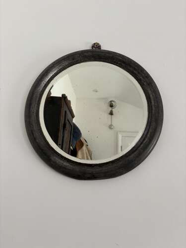 1920/30s Round Metal Framed Mirror. Bevell Edge Glass. Hook to Hang.