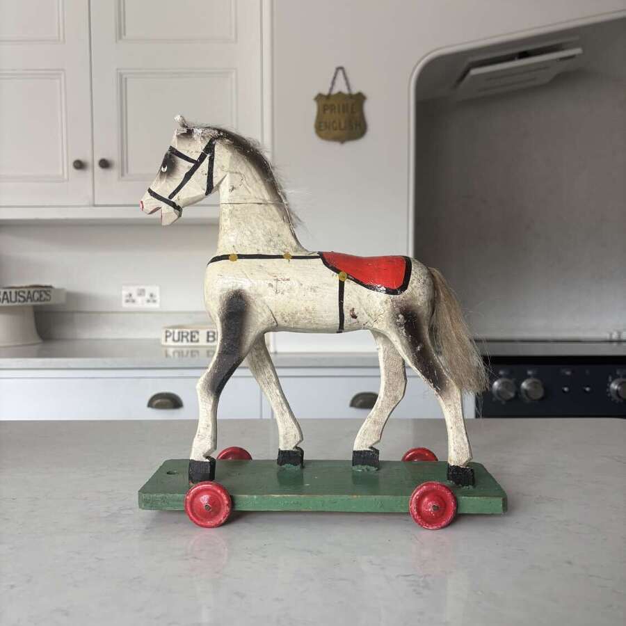 1950s Carved Pine Horse on Wheels in Original Paint