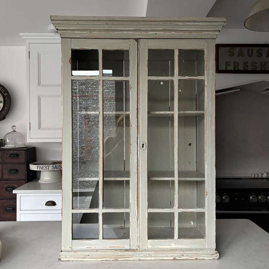 Victorian Pine Shelved Glazed Front Wall Cupboard - Lovely Old Paint