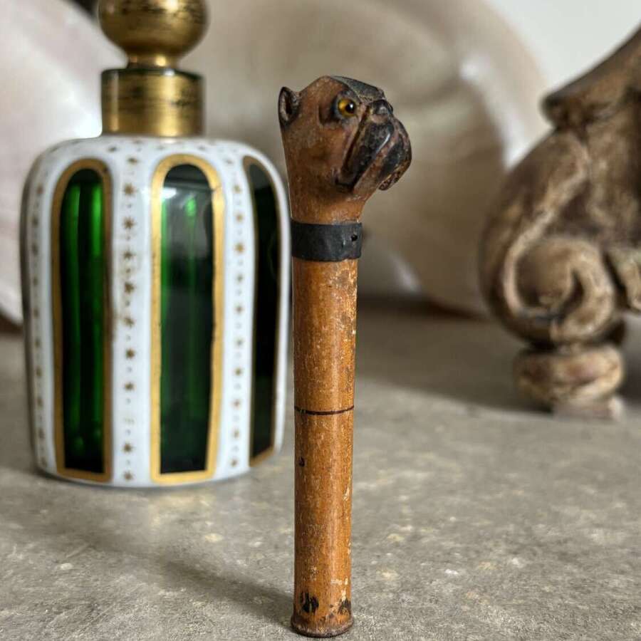 Rare Victorian Treen Dolls Parasol Top - Dog with Glass Eyes