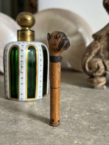 Rare Victorian Treen Dolls Parasol Top - Dog with Glass Eyes