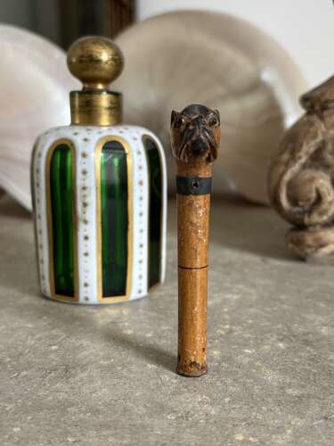 Rare Victorian Treen Dolls Parasol Top - Dog with Glass Eyes