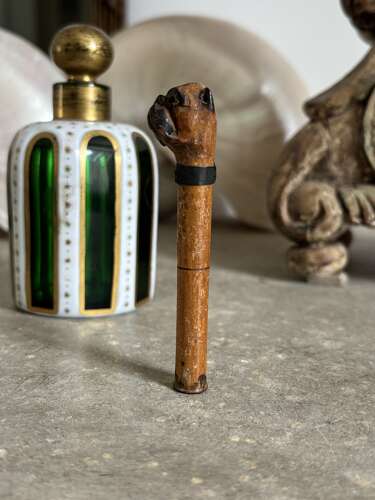 Rare Victorian Treen Dolls Parasol Top - Dog with Glass Eyes
