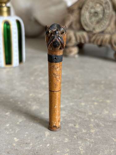 Rare Victorian Treen Dolls Parasol Top - Dog with Glass Eyes