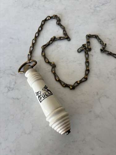 Edwardian White Ironstone Toilet Loo Pull with its Original Brass Chain.