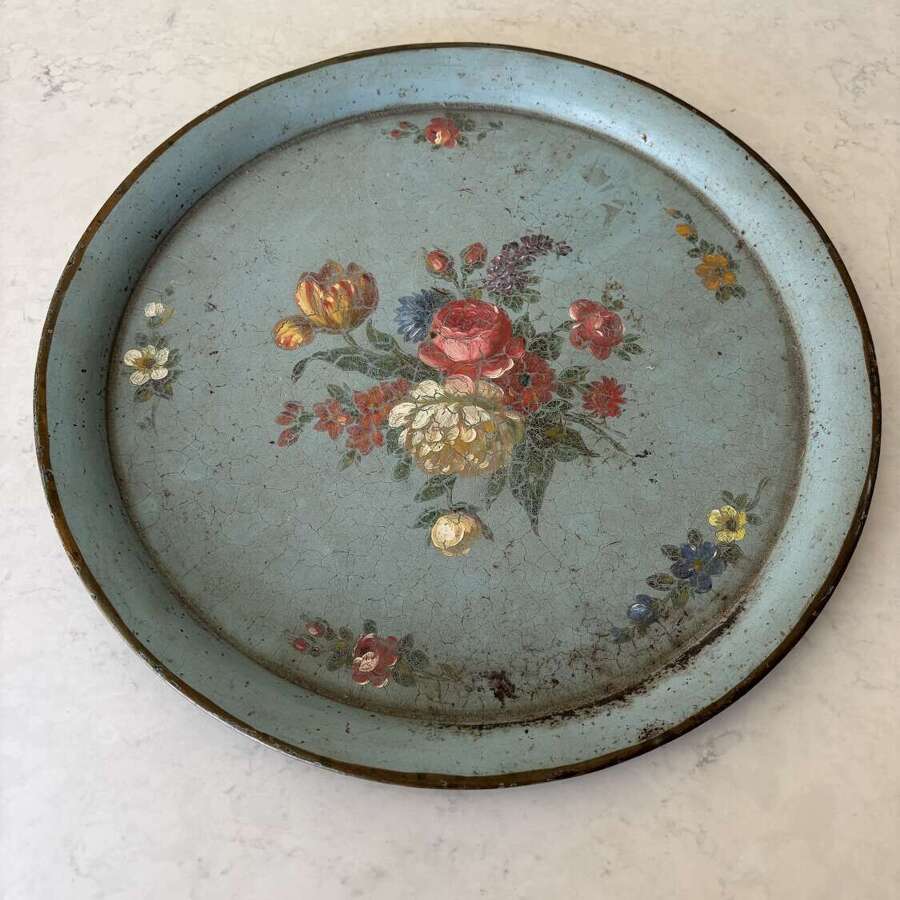 Beautiful Early 20thC Pale Blue Toleware Floral Tray