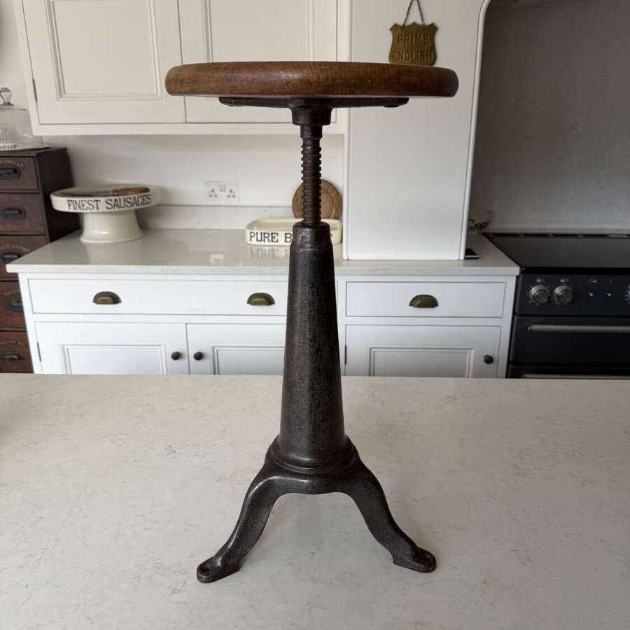 Early 20thC Cast Iron Industrial Factory Stool with Original Top - Adjustable Height
