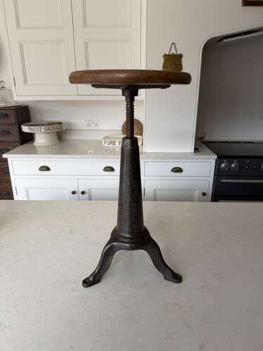 Early 20thC Cast Iron Industrial Factory Stool with Original Top - Adjustable Height
