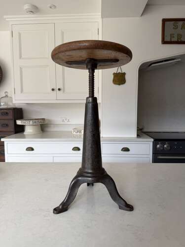 Early 20thC Cast Iron Industrial Factory Stool with Original Top - Adjustable Height