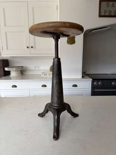 Early 20thC Cast Iron Industrial Factory Stool with Original Top - Adjustable Height