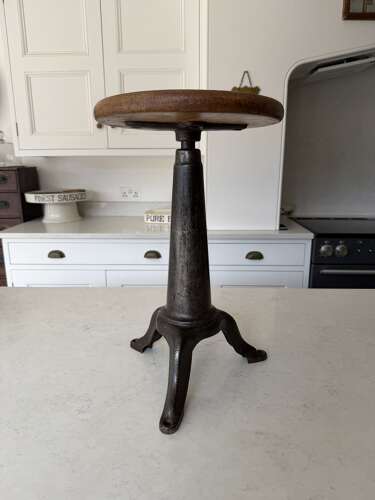 Early 20thC Cast Iron Industrial Factory Stool with Original Top - Adjustable Height