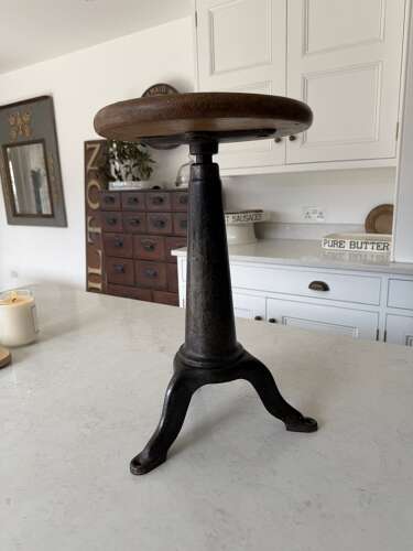 Early 20thC Cast Iron Industrial Factory Stool with Original Top - Adjustable Height