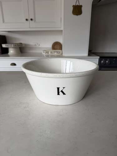 Edwardian Black on White Ironstone K For Kitchen Bowl - Good Size