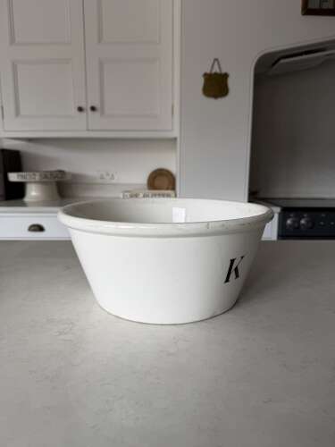 Edwardian Black on White Ironstone K For Kitchen Bowl - Good Size