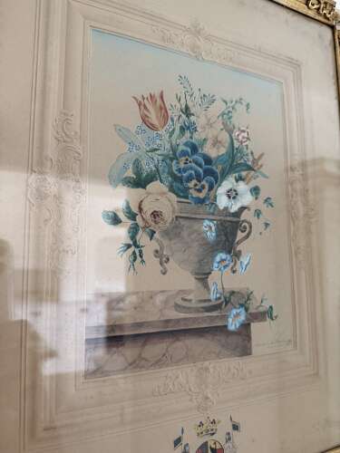 Victorian Signed & Dated Floral Watercolour with Crest