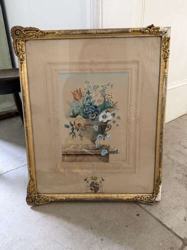 Victorian Signed & Dated Floral Watercolour with Crest