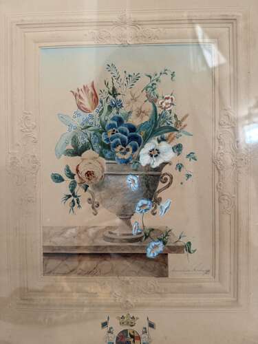 Victorian Signed & Dated Floral Watercolour with Crest