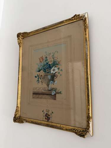 Victorian Signed & Dated Floral Watercolour with Crest