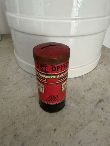 1930s HappyNak Pillar Box with Rare Cardboard Body, Tin Base & Removeable Tin Lid