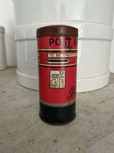 1930s HappyNak Pillar Box with Rare Cardboard Body, Tin Base & Removeable Tin Lid