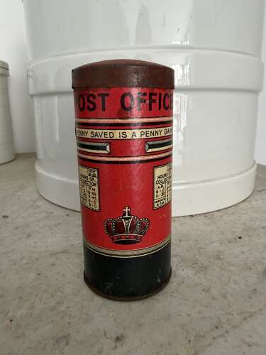 1930s HappyNak Pillar Box with Rare Cardboard Body, Tin Base & Removeable Tin Lid
