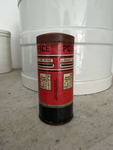 1930s HappyNak Pillar Box with Rare Cardboard Body, Tin Base & Removeable Tin Lid