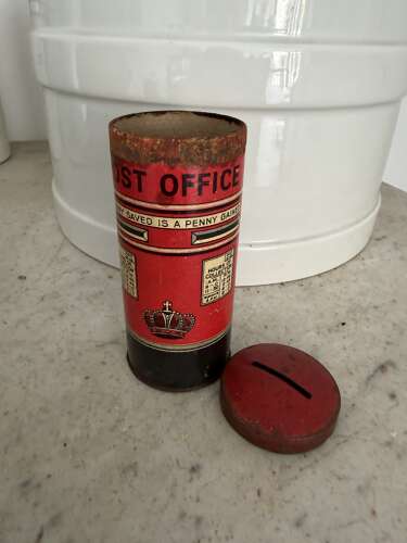 1930s HappyNak Pillar Box with Rare Cardboard Body, Tin Base & Removeable Tin Lid