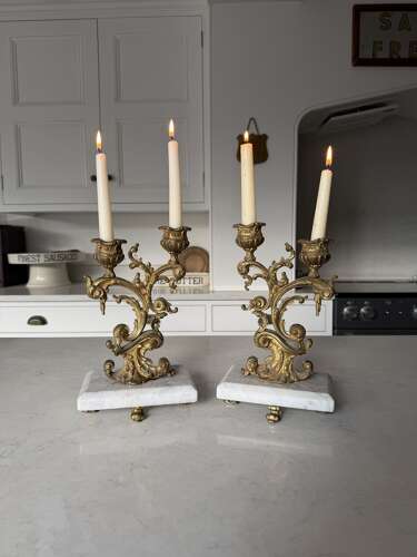 Beautiful Pair of Antique Gilt Bronze Candlesticks on Marble Stands