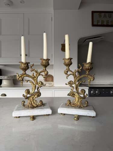 Beautiful Pair of Antique Gilt Bronze Candlesticks on Marble Stands