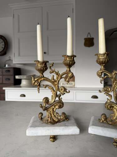 Beautiful Pair of Antique Gilt Bronze Candlesticks on Marble Stands