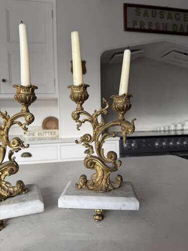 Beautiful Pair of Antique Gilt Bronze Candlesticks on Marble Stands