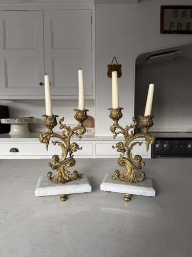 Beautiful Pair of Antique Gilt Bronze Candlesticks on Marble Stands