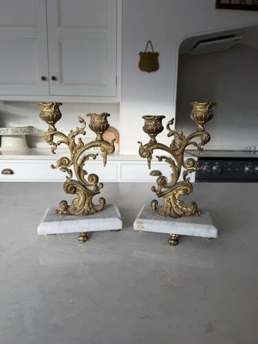 Beautiful Pair of Antique Gilt Bronze Candlesticks on Marble Stands